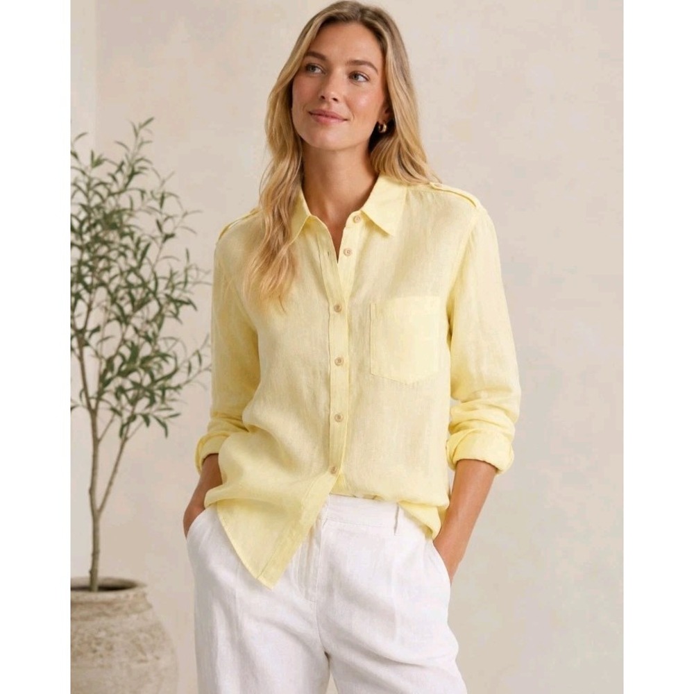 Banana Republic S 100% Linen Yellow Long Sleeve Button Up Pocket Dress Shirt